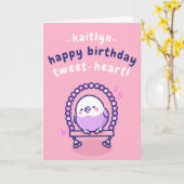 ピンクかわいらしの漫画バードスウィートパーン誕生日 カード (黄色い花)