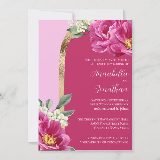 ピンクかわいらしの牡丹とピンクの金ゴールド結婚の 招待状 (正面)