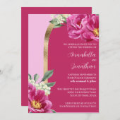 ピンクかわいらしの牡丹とピンクの金ゴールド結婚の 招待状 (正面/裏面)