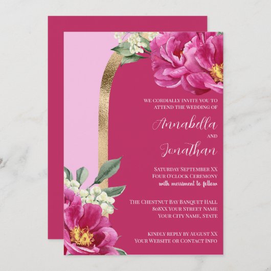 ピンクかわいらしの牡丹とピンクの金ゴールド結婚の 招待状 (正面/裏面)