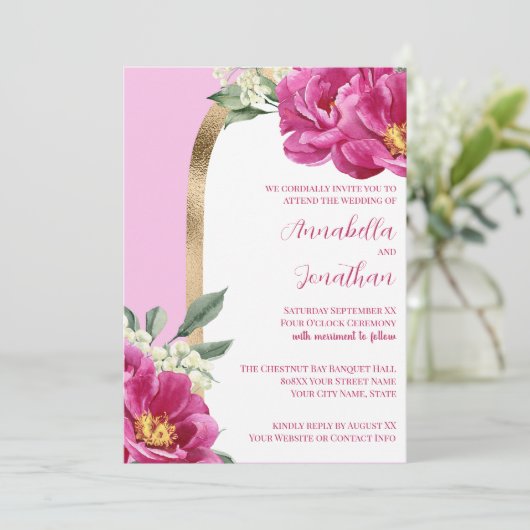 ピンクかわいらしの牡丹とピンクの金ゴールド結婚の 招待状 (スタンド正面)