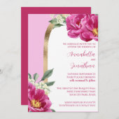 ピンクかわいらしの牡丹とピンクの金ゴールド結婚の 招待状 (正面/裏面)