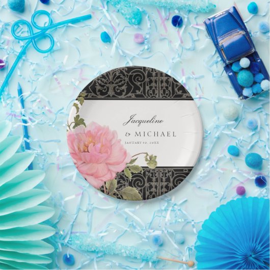 ピンクかわいらしの牡丹の上品な渦巻き旋回スクロール鉄柵 ペーパープレート (パーティー)