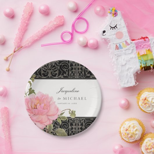 ピンクかわいらしの牡丹の上品な渦巻き旋回スクロール鉄柵 ペーパープレート (パーティー)