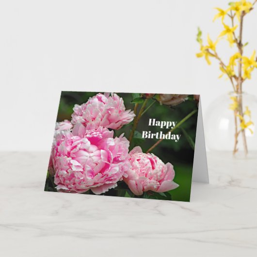 ピンクかわいらしの牡丹フローラ写真誕生日 カード (黄色い花)