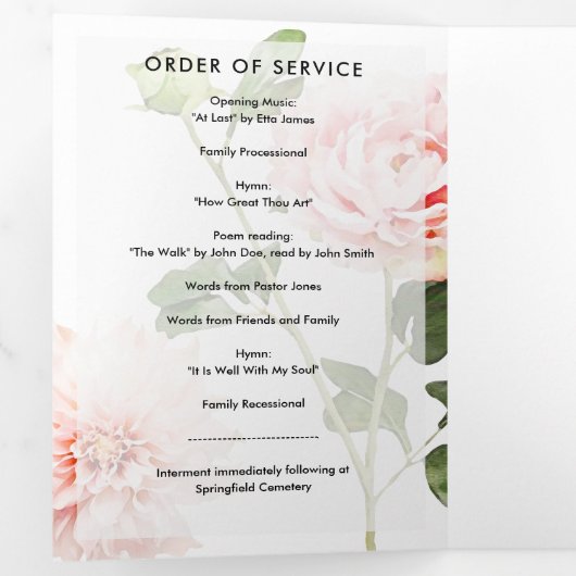 ピンクかわいらしの牡丹6ページの3回葬儀プログラム 三つ折りプログラム (内部最初)