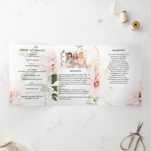 ピンクかわいらしの牡丹6ページの3回葬儀プログラム 三つ折りプログラム (内部)