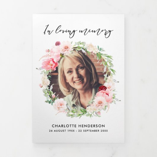 ピンクかわいらしの牡丹6ページの3回葬儀プログラム 三つ折りプログラム (カバー)