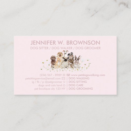 ピンクかわいらしの犬のデイジー，ペットの新郎，ペットのケア 名刺 (裏面)