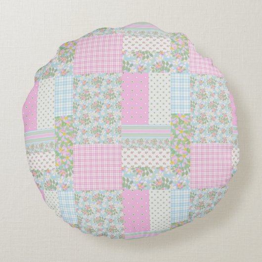 ピンクかわいらしの犬のバラフェイクパッチワーク円枕 ラウンドクッション (裏面)