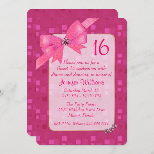 ピンクかわいらしの甘い16の誕生日パーティーへの招待 招待状 (正面/裏面)