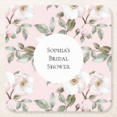 ピンクかわいらしの白い花のブライダルシャワー スクエアペーパーコースター (正面)
