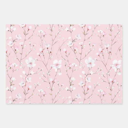 ピンクかわいらしの白い花のブライダルシャワー ラッピングペーパーシート (正面2)