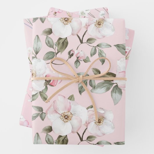 ピンクかわいらしの白い花のブライダルシャワー ラッピングペーパーシート (インサイチュ)