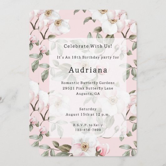 ピンクかわいらしの白い花の誕生日 招待状 (正面/裏面)