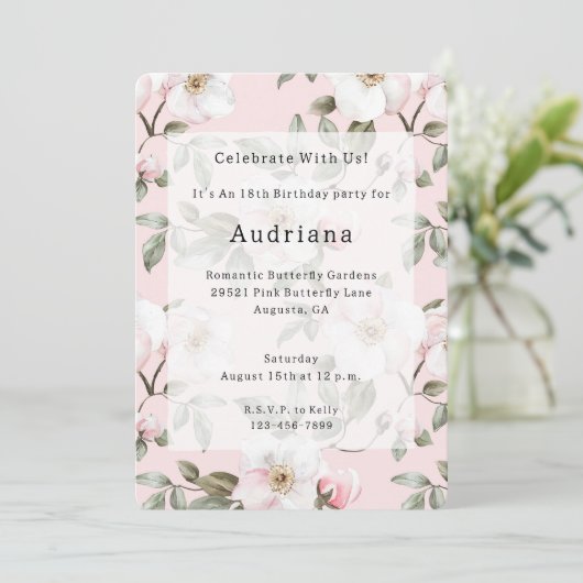 ピンクかわいらしの白い花の誕生日 招待状 (スタンド正面)