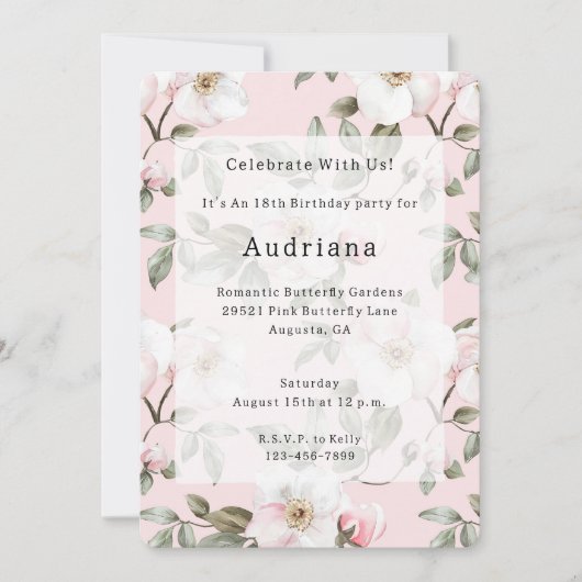 ピンクかわいらしの白い花の誕生日 招待状 (正面)