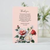 ピンクかわいらしの白い赤いバラのフローラ結婚 サンキューカード (スタンド正面)