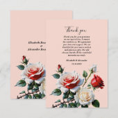 ピンクかわいらしの白い赤いバラのフローラ結婚 サンキューカード (正面/裏面)