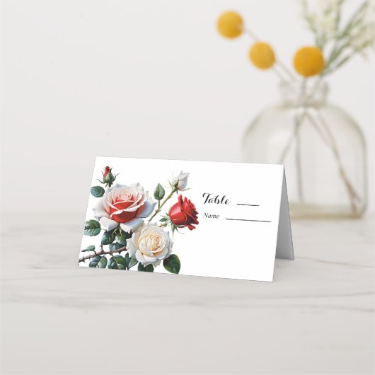 ピンクかわいらしの白い赤いバラのフローラ結婚 プレイスカード (正面)