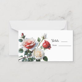 ピンクかわいらしの白い赤いバラのフローラ結婚 プレイスカード