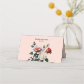ピンクかわいらしの白い赤いバラのフローラ結婚 プレイスカード (裏面)