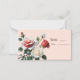 ピンクかわいらしの白い赤いバラのフローラ結婚 プレイスカード