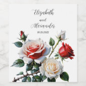 ピンクかわいらしの白い赤いバラのフローラ結婚 ワインラベル (シングルラベル)