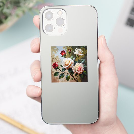 ピンクかわいらしの白と赤のバラの油絵 シール (スマートフォン)