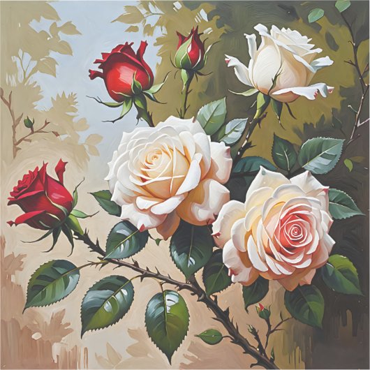 ピンクかわいらしの白と赤のバラの油絵 シール (正面)