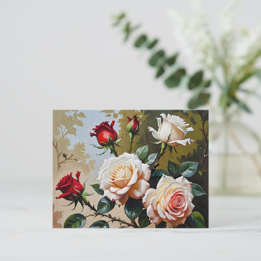 ピンクかわいらしの白と赤のバラの油絵 ポストカード (スタンド正面)