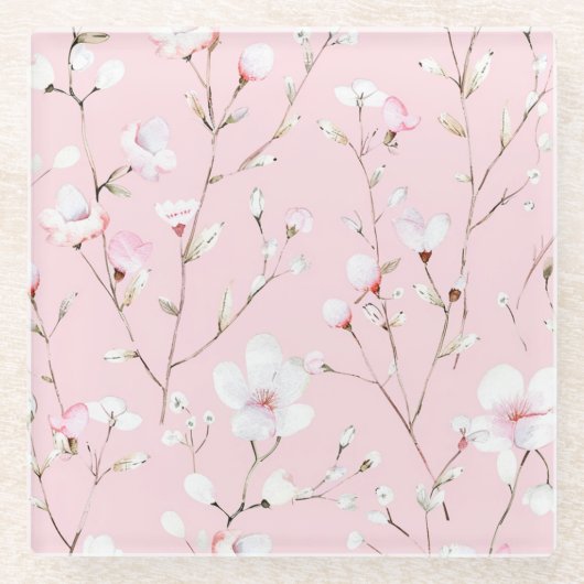 ピンクかわいらしの白フローラ ガラスコースター (正面)