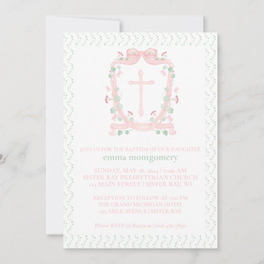 ピンクかわいらしの紋章と十字形 |フローラバプテスマ 招待状 (正面)