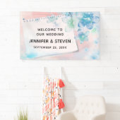 ピンクかわいらしの背景に青い結婚花 横断幕 (インサイチュ)