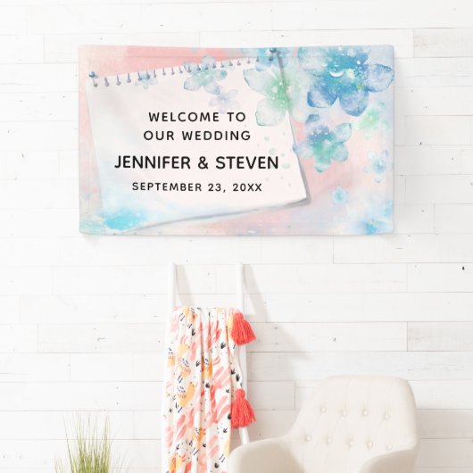 ピンクかわいらしの背景に青い結婚花 横断幕 (インサイチュ)