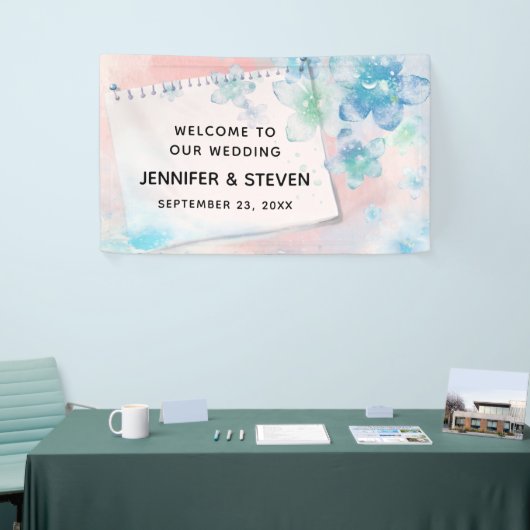 ピンクかわいらしの背景に青い結婚花 横断幕 (トレードショー)