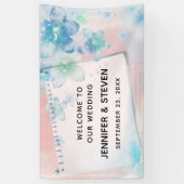 ピンクかわいらしの背景に青い結婚花 横断幕 (縦)