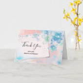 ピンクかわいらしの背景に青い花ありがとう カード (黄色い花)
