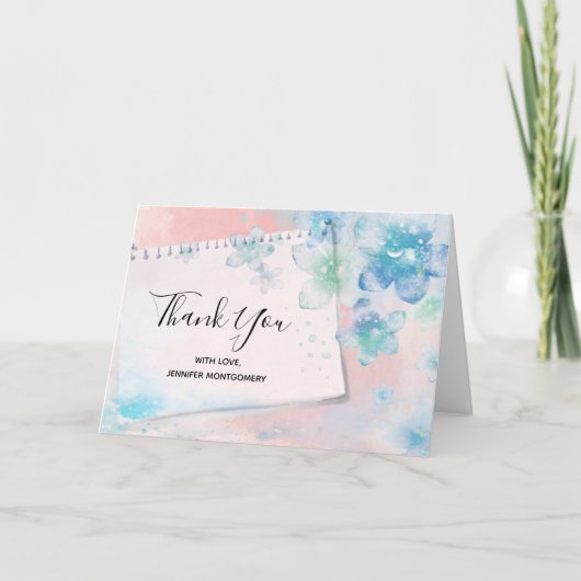 ピンクかわいらしの背景に青い花ありがとう カード (正面)