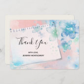ピンクかわいらしの背景に青い花ありがとう サンキューカード (正面/裏面)