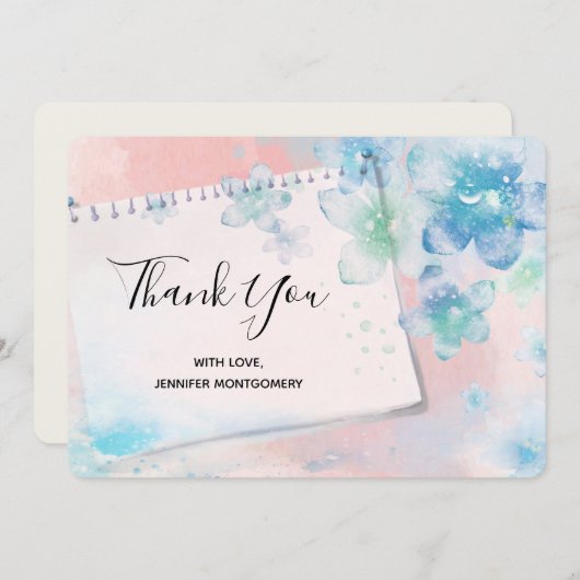 ピンクかわいらしの背景に青い花ありがとう サンキューカード (正面/裏面)