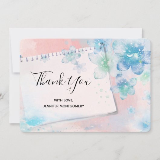 ピンクかわいらしの背景に青い花ありがとう サンキューカード (正面)