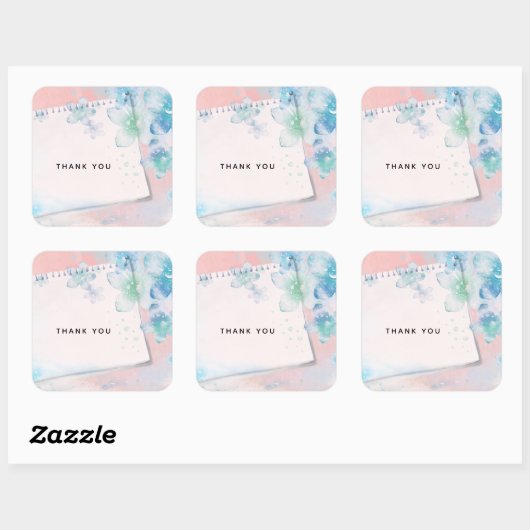 ピンクかわいらしの背景に青い花ありがとう スクエアシール (シート)