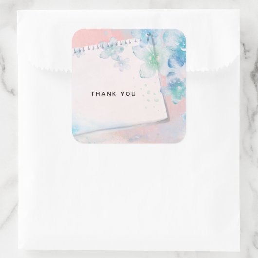 ピンクかわいらしの背景に青い花ありがとう スクエアシール (バッグ)