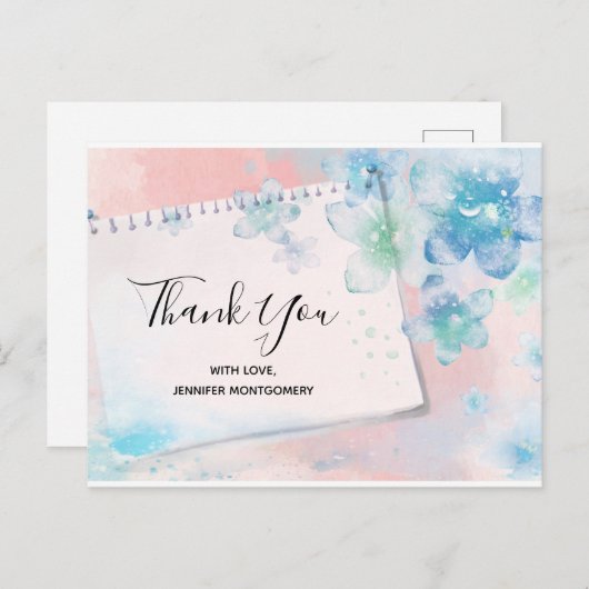 ピンクかわいらしの背景に青い花ありがとう ポストカード (正面/裏面)