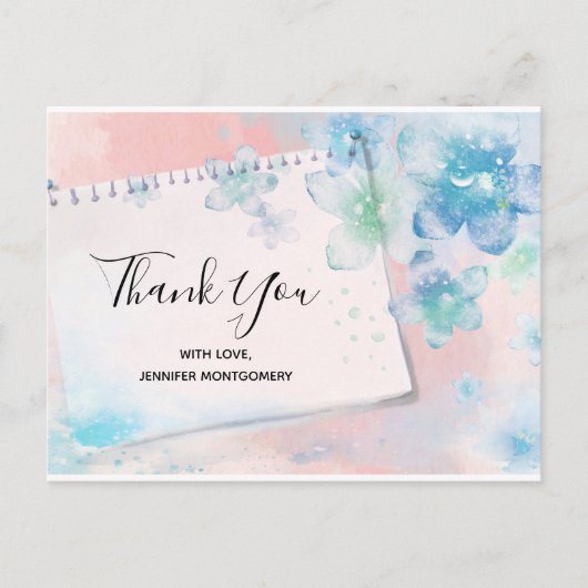 ピンクかわいらしの背景に青い花ありがとう ポストカード (正面)