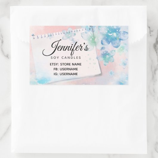 ピンクかわいらしの背景に青い花を咲かせるビジネス 長方形シール (バッグ)