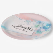 ピンクかわいらしの背景に青い花ベビーシャワー ペーパープレート (アングル)