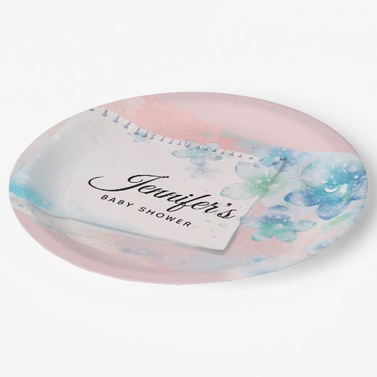 ピンクかわいらしの背景に青い花ベビーシャワー ペーパープレート (アングル)