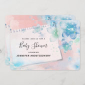 ピンクかわいらしの背景に青い花ベビーシャワー 招待状 (正面/裏面)
